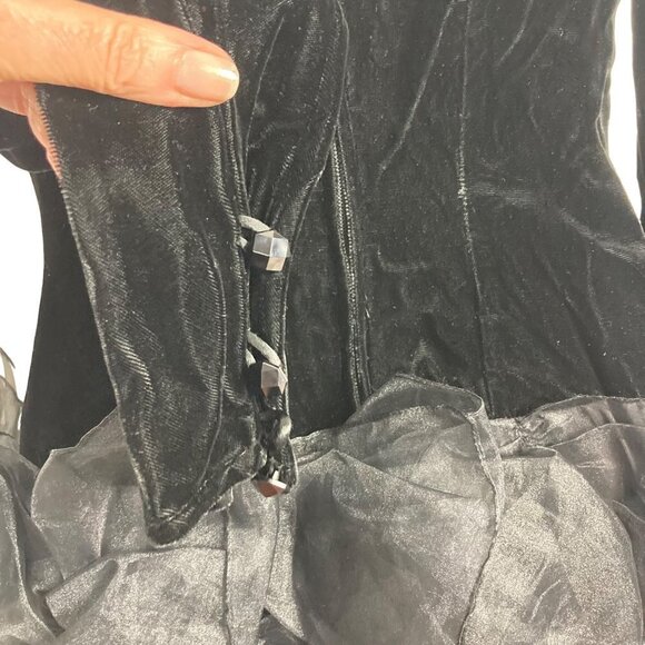 Vintage 80s Tadashi Black Velvet Dress 4 Organza Ruffle Bottom Long Sleeve - Picture 10 of 11